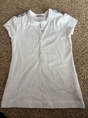 Burberry White Girls' Henley Top with Plaid Shoulder Accent